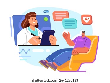 Virtual healthcare, online diagnosis and medical consultation. Patient communicates with doctor or psychologist
