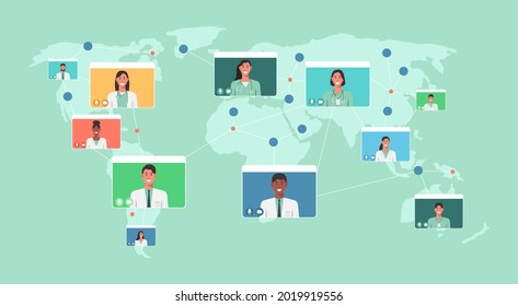 virtual healthcare, telemedicine and online medical consultation support services, doctors connecting together around the world via online concept, flat vector illustration