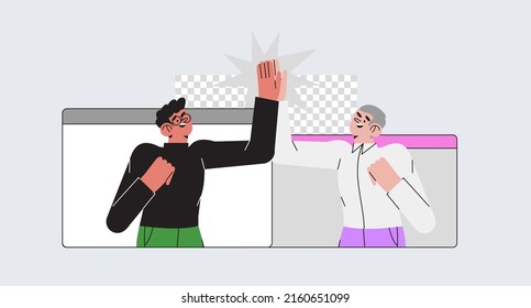 Virtual hi five for success collaboration, remote working or online greeting for business achievement, online video conference concept, happy businessman or collegues celebrate successful project.