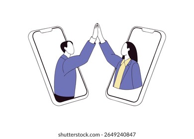 Virtual High Five Illustration Remote Work Success, Online Collaboration Business Achievement Concept Art 