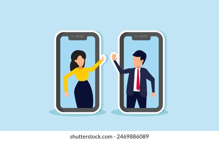 Virtual high five for remote success, online collaboration, or business achievement, concept of Joyful businessman and businesswoman high five through mobile phones