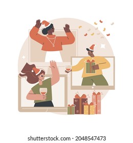 Virtual Holiday Party Abstract Concept Vector Illustration. Online Celebration, Virtual Office Party, Playing Games, Digital Greeting Idea, Corporate Event, Quarantine Fun Abstract Metaphor.