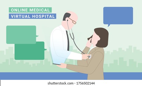 Virtual hospital concept. Online medical service. Doctor get through mobile phone screen using stethoscope for check health. Application technology clinic for talk with patient everywhere.