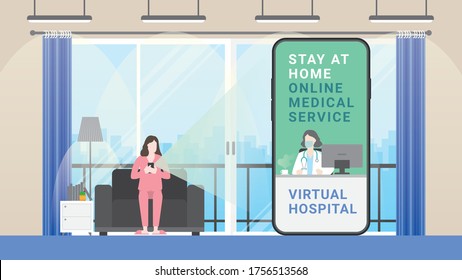 Virtual hospital concept. Online medical service. Doctor in mobile phone screen for consult and health check. Application technology clinic for talk with patient while stay at home or everywhere.