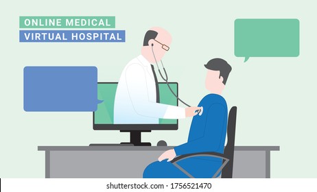 Virtual hospital concept. Online medical service. Doctor get through computer screen using stethoscope for check health. Application technology clinic for talk with patient while stay at home.