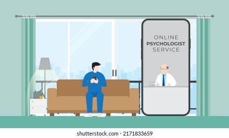 Virtual hospital, Online psychotherapy, medical consult and tele medicine concept. Doctor and patient discussing on mobile phone screen. Application technology for mind therapy by a psychologist help.