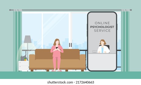 Virtual hospital, Online psychotherapy, medical consult and tele medicine concept. Doctor and patient discussing on mobile phone screen. Application technology for mind therapy by a psychologist help.