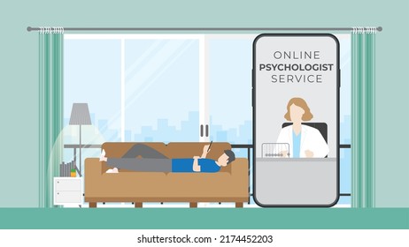 Virtual hospital, Online psychotherapy, medical consult and tele medicine concept. Doctor and patient discussing on mobile phone screen. Application technology for mind therapy by a psychologist help.