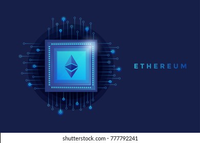 Icono virtual de la divisa cripto Ethereum en el circuito electrónico de fondo. Concepto de activo digital digital. Ilustración vectorial.