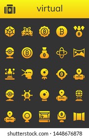 virtual icon set. 26 filled virtual icons.  Collection Of - 3d modeling, Bitcoin, Virtual reality, Webcam, 360 , panorama 360 , Hologram, Vpn, Arcade game, Panoramic