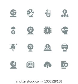 virtual icon set. Collection of 16 filled virtual icons included Bitcoin, Cloud upload, Panoramic view, Webcam, Virtual reality, Hologram, Vr glasses, Exoskeleton