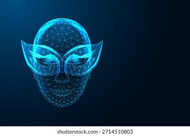 Identidad virtual y personas cibernéticas. Cara de alambre con máscara de polígono brillante que simboliza la presencia digital, el anonimato y la representación en línea. Geometría de neón futurista, Ilustración vectorial de tecnología azul