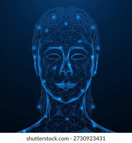 Identidad virtual. Una cara femenina en forma de cuadrícula de líneas y nudos, con pelo de las Pistas de una placa de circuito impreso. El concepto simboliza la mente digital y la conciencia virtual.