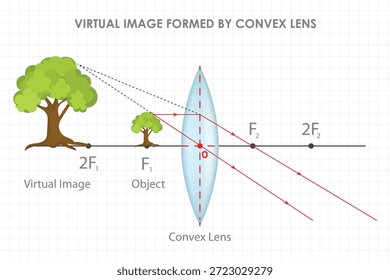Imagem Virtual Formada por Diagrama de Lentes Convexas, Diagrama de Raios Ópticos de Física Mostrando Objeto, Imagem, Pontos Focais e Raios de Luz.
