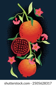 Imagen virtual de fruta "granada", plana, textura de ruido e ilustración colorida.