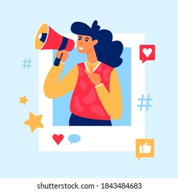 Virtual influence concept. Female blogger with megaphone. Online marketing. Vector illustration