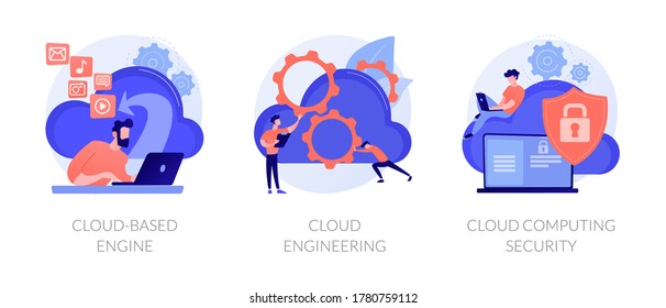 Virtual Information Protection, Online Data Storage Safety. Cloud-based Engine, Cloud Engineering, Cloud Computing Security Metaphors. Vector Isolated Concept Metaphor Illustrations.