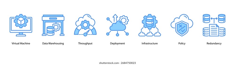 Virtual Infrastructure web banner icon vector illustration featuring Virtual Machine, Data Warehousing, Throughput, Deployment, Infrastructure, Policy, and Redundancy.