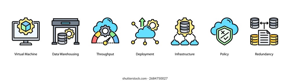Ilustración vectorial de iconos de Anuncio de Web de infraestructura virtual con máquina virtual, almacenamiento de datos, rendimiento, implementación, infraestructura, políticas y redundancia.
