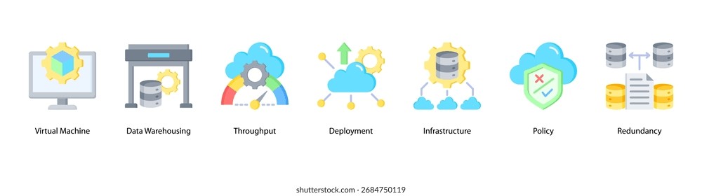 Ilustração vetorial do ícone de banner da Web do Virtual Infrastructure apresentando máquina virtual, data warehouse, throughput, implantação, infraestrutura, política e redundância.