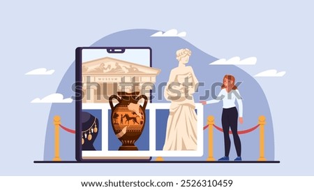 Virtual interactive tour to museums art gallery with classic culture exhibits using mobile app. Tiny woman looking at famous antique sculpture and vase on phone screen cartoon vector illustration