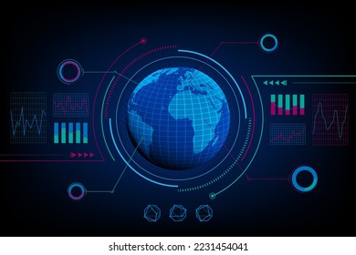 virtual interface of the earth planet, HUD globe data screen, abstract futuristic technology