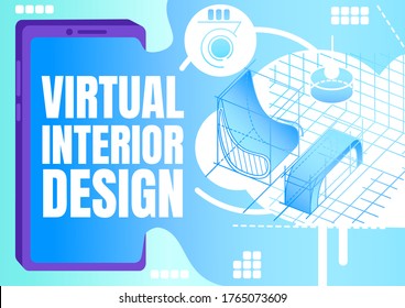 Virtual interior design banner flat vector template. Brochure, poster concept design with cartoon characters. Computer simulation for modeling horizontal flyer, leaflet with place for text