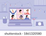 Virtual internet party banner concept with computer with live chat on screen, cartoon flat vector illustration. Social media internet party celebration in media app.