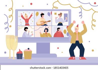 Virtual Internet Party With Cheerful Young Man Dancing Near Computer With Live Chat On Screen, Cartoon Vector Illustration. Online Party Banner Template.