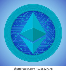 Virtual isolated electronic ethereum coin icon with binary code background and electronic circuit inside. Digital currency symbol. Cryptocurrency blockchain symbol