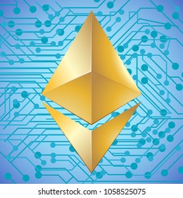 Virtual isolated golden ethereum icon on binary code background and electronic circuit. Digital currency symbol. Cryptocurrency blockchain symbol