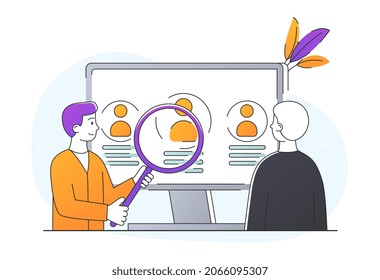 Virtual job fair. Men with magnifying glass stand next to computer screen and choose suitable job or good employee. Hiring staff. Recruiting and reviewing resumes. Cartoon flat vector illustration