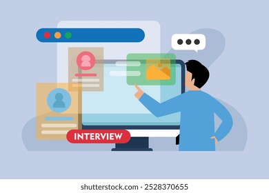 Virtual Job Interview Concept with Applicant Profile on Screen 2d flat vector illustration