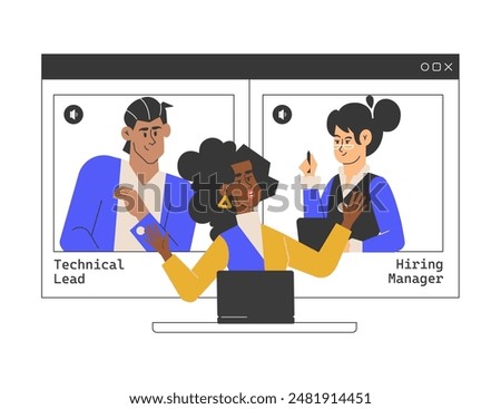 A virtual job interview concept with a candidate and two interviewers, including a technical lead and a hiring manager, on a video call. modern hiring process with remote interviews. Vector.