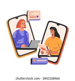 Virtual job interview, two smiling woman have business meeting, meeting by smartphone. Head hunter hiring, young employe in flat cartoon style, vector illustration, isolated in white background. 