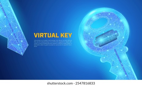 Anuncio de llave virtual, llave de neón azul digital en estilo de baja poli adecuado para Plantillas de presentación, carteles, seguridad, secreto, Contraseña, seguridad cibernética, protección de datos y seguridad