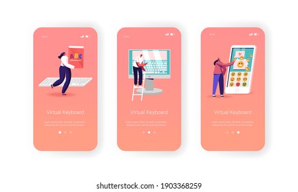 Virtual Keyboard Mobile App Page Onboard Screen Template. Tiny Characters at Huge Computer Monitor with Keyboard on Screen, Abc Book and Smartphone, Typing Concept. Cartoon People Vector Illustration