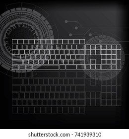 Virtual keyboard on touch screen, fluorescent key and light reflection on black background.