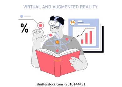 Virtual learning concept. A person with VR headset interacts with digital data while reading a book. Immersive technology in education. Vector illustration.