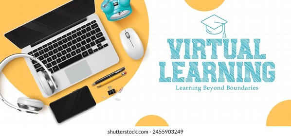 Virtual learning education vector template design. Back to school virtual learning text  with laptop digital device for educational e learning background. Vector illustration virtual learning template