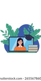 Virtual learning experience with a student wearing glasses and a graduation cap on a laptop with books