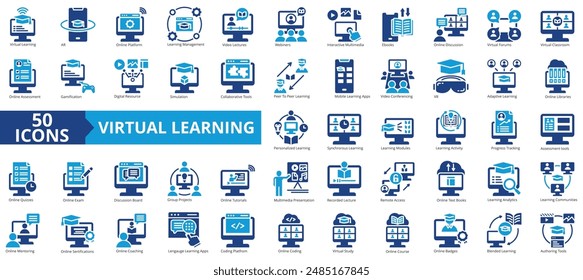 Virtual learning icon collection set. Containing blended learning, lms, gamification, e books, coaching, mentoring, course icon. Simple flat vector illustration.