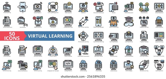 Virtual learning icon collection set. Containing blended learning, lms, gamification, e books, coaching, mentoring, course icon. Simple flat outline vector illustration