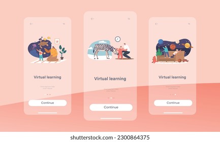 Virtual Learning Mobile App Page Onboard Screen Template. Kids And Parent Characters Wear Vr Glasses Use Technology