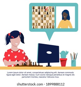 Virtual learning to play chess, distance education concept. A black woman is teaching a chess lesson to a child. Vector illustration, modern flat style