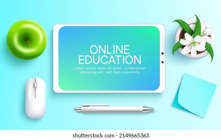 Diseño del concepto de vector de aprendizaje virtual. Texto educativo en línea en dispositivo de teléfono de tablet con ratón, bolígrafo y elemento de notas pegajosas para el estudio de la escuela en casa. Ilustración vectorial.
