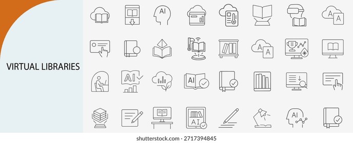 bibliotecas virtuais e conjunto de ícones de linha de educação digital, leitura on-line e símbolos de aprendizagem alimentados por IA, ilustração vetorial plana