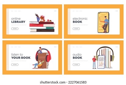 Virtual Library, Education Landing Page Template Set. Tiny Characters Listen Online Books with Smartphone and Headphones. Online Reading, People Learning E-books. Cartoon Vector Illustration