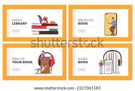 Virtual Library, Education Landing Page Template Set. Tiny Characters Listen Online Books with Smartphone and Headphones. Online Reading, People Learning E-books. Cartoon Vector Illustration