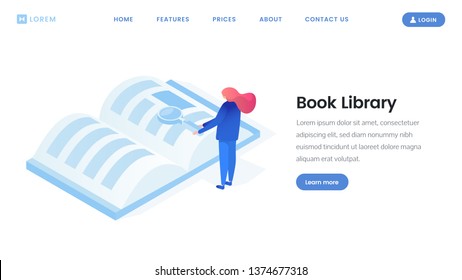 Virtual library landing page isometric template. Ebook reader, online e-library, distance learning website flat layout. Tiny woman reading book with magnifying glass, research 3d vector illustration